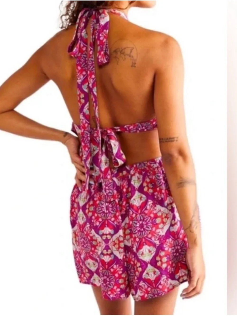 Free People Coral Tides Floral Pattern High Waisted Halter Romper Onepiece